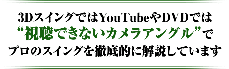 3DスイングではYouTubeやDVDでは“視聴できないカメラアングル”でプロのスイングを徹底的に解説しています