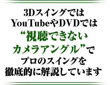 3DスイングではYouTubeやDVDでは“視聴できないカメラアングル”でプロのスイングを徹底的に解説しています